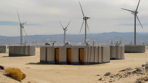 Wind turbines 和 a building in a desert l和scape